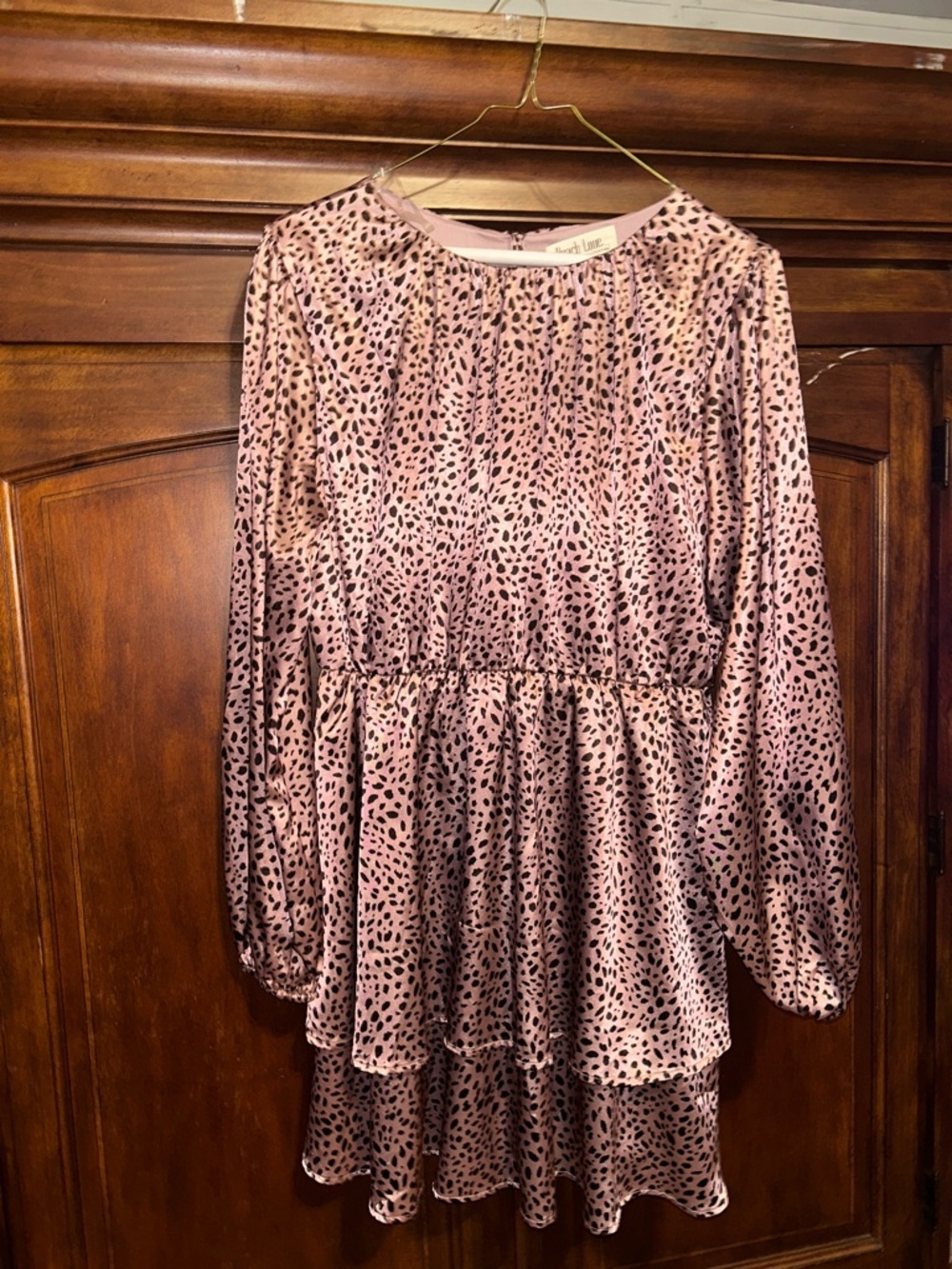 Peach Love California Pink Black Animal Print Tiered Dress